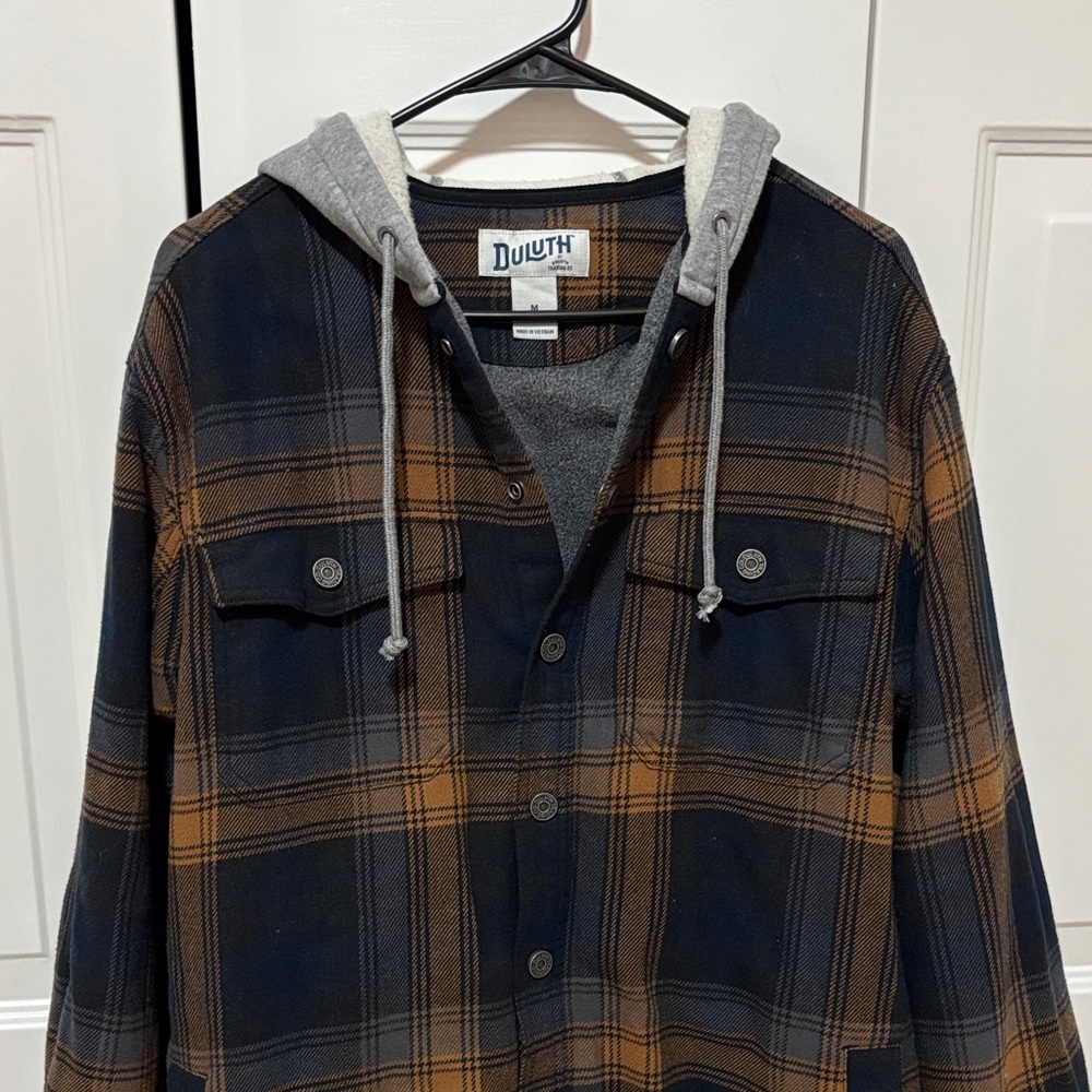 Duluth Trading Co Navy & Brown Plaid Hooded Flannel Shirt Jacket